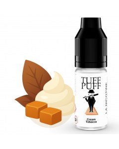 E-liquide Cream Tobacco TUFF PUFF 10ml, illustré avec des feuilles de tabac, une crème onctueuse et des caramels fondants, pour une vape douce et gourmande au tabac crémeux.