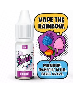 E-liquide Licorne 2OUF - Mangue, framboise bleue et barbe à papa, design BD rétro coloré avec fruits et nuage de barbe à papa.