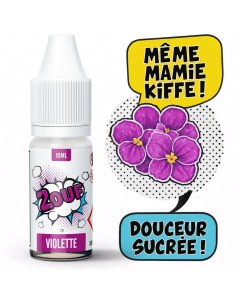 E-liquide 2OUF Violette - Flacon 10ml avec bulles BD "Même mamie kiffe !" et "Douceur sucrée !", illustré avec des fleurs de violette.
