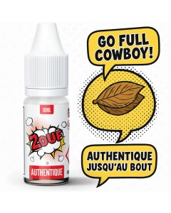 Flacon d’e-liquide 2OUF Authentique avec une feuille de tabac illustrée façon BD, accompagné des bulles de texte "Go full cowboy!" et "Authentique jusqu’au bout"