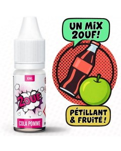 Flacon d'e-liquide 2OUF Cola Pomme avec illustrations de bouteille de soda et pomme verte, accompagné de bulles BD avec les textes Un mix 2OUF ! et Pétillant & fruité !.

