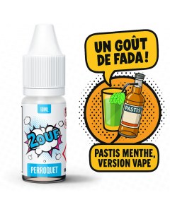 Flacon d’e-liquide 2OUF Perroquet avec illustration d’une bouteille de pastis et d’un verre de boisson verte à la menthe, accompagné des bulles BD "Un goût de fada !" et "Pastis menthe, version vape