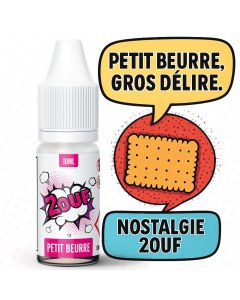 Flacon d’e-liquide 2OUF Petit Beurre avec un biscuit illustré façon pop art, entouré des bulles de texte "Petit beurre, gros délire." et "Nostalgie 2OUF".