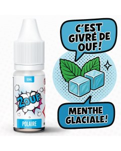 Flacon d’e-liquide 2OUF Polaire avec deux glaçons et des feuilles de menthe, accompagné des textes "C’est givré de ouf !" et "Menthe glaciale !"