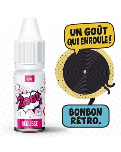 Flacon d'e-liquide 2OUF Réglisse avec illustration d'une roulette de réglisse noire et bulles de texte humoristiques "Un goût qui enroule !" et "Bonbon rétro." en style BD.