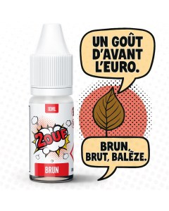 Image promotionnelle de l’e-liquide 2OUF saveur tabac brun. Le flacon de 10 ml est mis en scène avec des bulles BD disant "Un goût d’avant l’euro." et "Brun, brut, balèze." accompagnées d’une feuille de tabac illustrée sur fond rouge rétro.