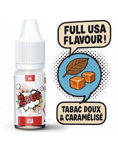 Flacon d’e-liquide 2OUF USA avec des illustrations pop art de feuille de tabac et de caramels, accompagné des textes "Full USA Flavour !" et "Tabac doux & caramélisé"