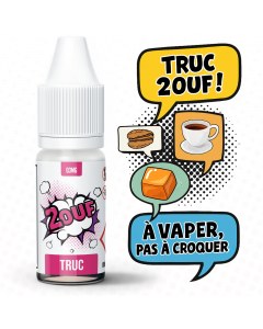 Flacon d'e-liquide 2OUF Truc avec illustrations de macaron, café et caramel dans un style pop art humoristique. Mention : À vaper, pas à croquer.

