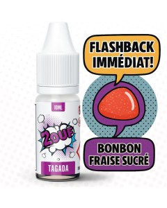 Image produit de l’e-liquide 2OUF saveur Tagada, avec une bouteille de 10 ml illustrée en style BD. Les bulles de texte indiquent "Flashback immédiat." et "Bonbon fraise sucré" accompagnées d’un bonbon rouge en forme de fraise.