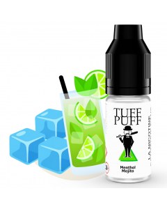 Flacon de e-liquide TUFF PUFF Menthol Mojito accompagné d’un cocktail mojito illustré avec des feuilles de menthe, des tranches de citron vert et des glaçons pour représenter une saveur fraîche et mentholée.