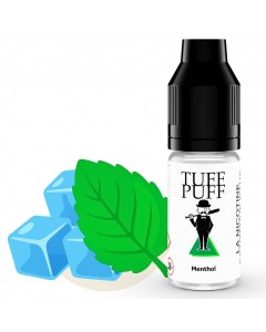 Flacon de e-liquide TUFF PUFF Menthol accompagné d’une grande feuille de menthe verte illustrée, et des glaçons représentant une saveur classique et rafraîchissante.