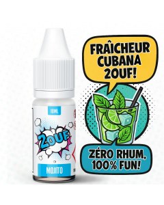 Image promotionnelle de l’e-liquide 2OUF saveur Mojito, avec une bouteille de 10 ml et des bulles de texte style BD indiquant : "Fraîcheur cubano 2OUF ! Zéro rhum, 100% fun !" – accompagnée d’illustrations de menthe, citron vert et glaçons.