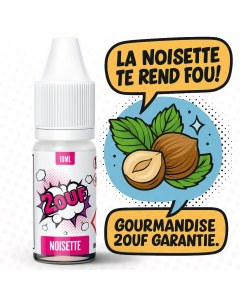 Image produit de l’e-liquide 2OUF saveur noisette. Le flacon de 10 ml est accompagné de bulles BD affichant les textes "La noisette te rend fou !" et "Gourmandise 2OUF garantie", illustrées par une noisette entière et une noisette coupée avec des feuilles