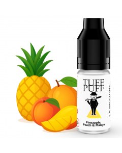 Flacon de e-liquide TUFF PUFF Pineapple, Peach & Mango entouré de fruits exotiques : ananas, pêche et mangue, illustrant une saveur fruitée tropicale.