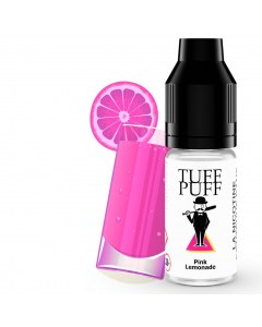Flacon de e-liquide TUFF PUFF Pink Lemonade accompagné de glaçons, d’une boisson rose, d’une tranche de citron et de notes fruitées de framboise et cerise, évoquant une limonade fruitée et rafraîchissante.
