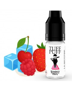 E-liquide Tuff Puff Strawberry Raspberry Cherry avec des glaçons, des fraises, des framboises et une cerise illustrées en style cartoon.