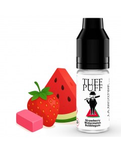 E-liquide Tuff Puff Strawberry Watermelon Bubblegum avec des fraises, une pastèque et des boules de chewing-gum roses en illustration cartoon