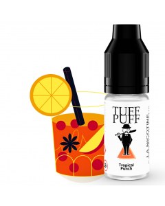E-liquide Tuff Puff Tropical Punch avec un verre de cocktail illustré contenant une tranche d’agrume, des fruits rouges et une paille, dans un style cartoon éclatant.