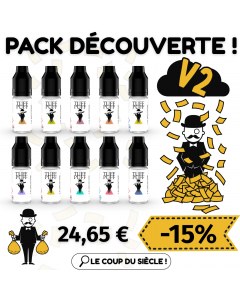 Image d’un pack découverte TUFF PUFF vérsion 2 comprenant 10 flacons de e-liquides de 10 ml, avec visuel BD du personnage emblématique sous une pluie de billets. Prix affiché à 24,65 € avec une réduction de -15 %, accompagné du slogan “Le coup du siècle !
