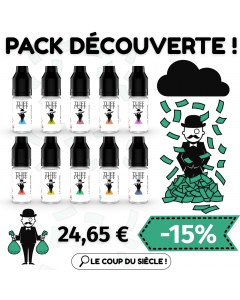 Image d’un pack découverte TUFF PUFF comprenant 10 flacons de e-liquides de 10 ml, avec visuel BD du personnage emblématique sous une pluie de billets. Prix affiché à 24,65 € avec une réduction de -15 %, accompagné du slogan “Le coup du siècle !”.