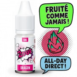 E-liquide Dragon 2OUF - Arôme fruit du dragon, visuel BD rétro avec pitaya rose et bulles colorées.