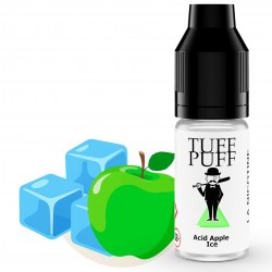 Apple Ice e-liquide Tuff Puff au goût de pomme verte acidulée et fraîcheur glacée, flacon de 10ml illustré avec une pomme verte et des glaçons en style cartoon.
