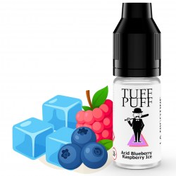 Blueberry Raspberry Ice e-liquide Tuff Puff mêlant myrtille acidulée, framboise et fraîcheur glacée, flacon de 10ml avec fruits et glaçons illustrés en style cartoon.