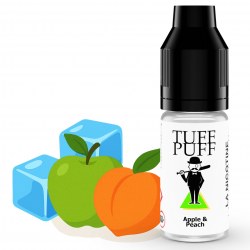 Apple & Peach e-liquide Tuff Puff au goût de pomme verte et pêche juteuse, avec une touche de fraîcheur, flacon de 10ml illustré avec des glaçons, une pomme verte et une pêche en style cartoon.