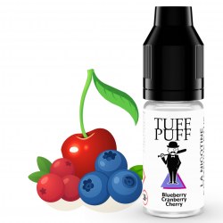 Blueberry Cranberry Cherry e-liquide Tuff Puff aux saveurs fruitées de myrtille, canneberge et cerise, flacon de 10ml illustré avec des fruits rouges et bleus en style cartoon.