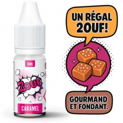 E-liquide 2OUF saveur caramel beurre salé avec bulles colorées style BD et flacon 10ml en avant-plan.