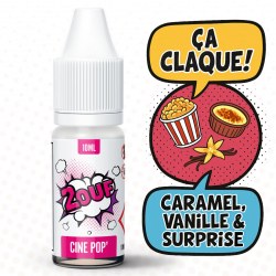 E-liquide 2OUF goût CINE POP avec des arômes de caramel, vanille et une note surprise – visuel style BD coloré.