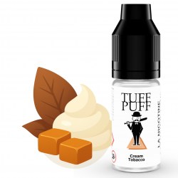 E-liquide Cream Tobacco TUFF PUFF 10ml, illustré avec des feuilles de tabac, une crème onctueuse et des caramels fondants, pour une vape douce et gourmande au tabac crémeux.