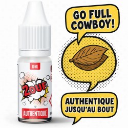 Flacon d’e-liquide 2OUF Authentique avec une feuille de tabac illustrée façon BD, accompagné des bulles de texte "Go full cowboy!" et "Authentique jusqu’au bout"