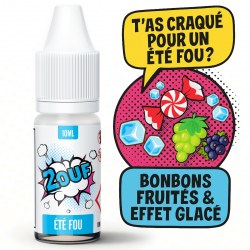 Flacon d'e-liquide 2OUF Été Fou avec des illustrations de bonbons fruités et glaçons dans un style BD pop art. Saveur sucrée et effet glacé.