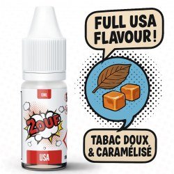 Flacon d’e-liquide 2OUF USA avec des illustrations pop art de feuille de tabac et de caramels, accompagné des textes "Full USA Flavour !" et "Tabac doux & caramélisé"