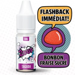 Image produit de l’e-liquide 2OUF saveur Tagada, avec une bouteille de 10 ml illustrée en style BD. Les bulles de texte indiquent "Flashback immédiat." et "Bonbon fraise sucré" accompagnées d’un bonbon rouge en forme de fraise.