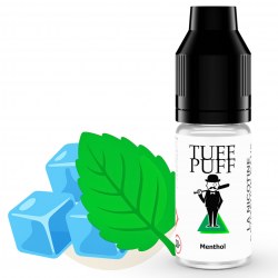 Flacon de e-liquide TUFF PUFF Menthol accompagné d’une grande feuille de menthe verte illustrée, et des glaçons représentant une saveur classique et rafraîchissante.