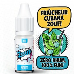 Image promotionnelle de l’e-liquide 2OUF saveur Mojito, avec une bouteille de 10 ml et des bulles de texte style BD indiquant : "Fraîcheur cubano 2OUF ! Zéro rhum, 100% fun !" – accompagnée d’illustrations de menthe, citron vert et glaçons.