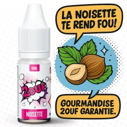 Image produit de l’e-liquide 2OUF saveur noisette. Le flacon de 10 ml est accompagné de bulles BD affichant les textes "La noisette te rend fou !" et "Gourmandise 2OUF garantie", illustrées par une noisette entière et une noisette coupée avec des feuilles