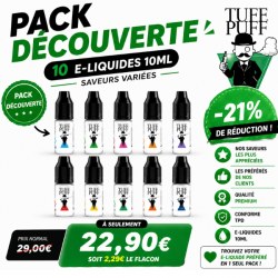 Pack découverte e-liquide Tuff Puff V1 pas cher 10x10ml, promotion -21%, e-liquides fabriqués au Royaume-Uni conforme TPD