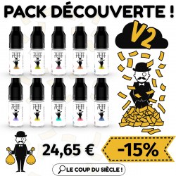 Image d’un pack découverte TUFF PUFF vérsion 2 comprenant 10 flacons de e-liquides de 10 ml, avec visuel BD du personnage emblématique sous une pluie de billets. Prix affiché à 24,65 € avec une réduction de -15 %, accompagné du slogan “Le coup du siècle !