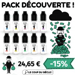 Image d’un pack découverte TUFF PUFF comprenant 10 flacons de e-liquides de 10 ml, avec visuel BD du personnage emblématique sous une pluie de billets. Prix affiché à 24,65 € avec une réduction de -15 %, accompagné du slogan “Le coup du siècle !”.