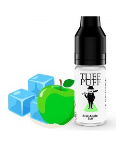 Apple Ice e-liquide Tuff Puff au goût de pomme verte acidulée et fraîcheur glacée, flacon de 10ml illustré avec une pomme verte et des glaçons en style cartoon.