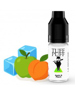 Apple & Peach e-liquide Tuff Puff au goût de pomme verte et pêche juteuse, avec une touche de fraîcheur, flacon de 10ml illustré avec des glaçons, une pomme verte et une pêche en style cartoon.