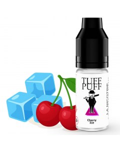 E-liquide Cherry Ice TUFF PUFF au goût de cerise glacée, flacon de 10ml présenté avec une cerise rouge brillante et des glaçons en illustration vectorielle pour évoquer la fraîcheur fruitée.