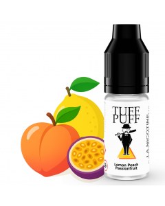 E-liquide Lemon Peach Passionfruit TUFF PUFF 10ml, avec des illustrations de citron, pêche et fruit de la passion, pour une expérience fruitée et exotique.