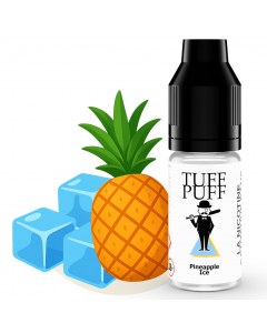 Flacon de e-liquide TUFF PUFF Pineapple Ice accompagné d’un ananas entier et de glaçons, illustrant une saveur tropicale glacée.