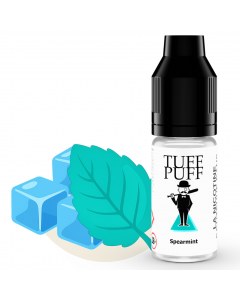 Flacon de e-liquide TUFF PUFF Spearmint accompagné d’une grande feuille de menthe verte douce et des glaçons, sur fond blanc épuré, illustrant une sensation de fraîcheur intense.