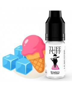  "E-liquide Tuff Puff Strawberry Ice Cream avec une glace à la fraise et des glaçons en illustration cartoon."
