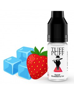 E-liquide Tuff Puff Sweet Strawberry Ice avec des fraises fraîches et des glaçons illustrés en style cartoon.
